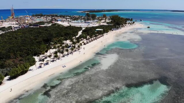 Aerial drone footage of the beautiful tropical beach at Little Stirrup Cay or CocoCay, Bahamas, this is one of the Berry Islands part of the Royal Caribbean Cruises.