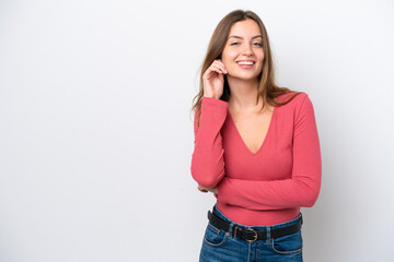 Young caucasian woman isolated on white background laughing