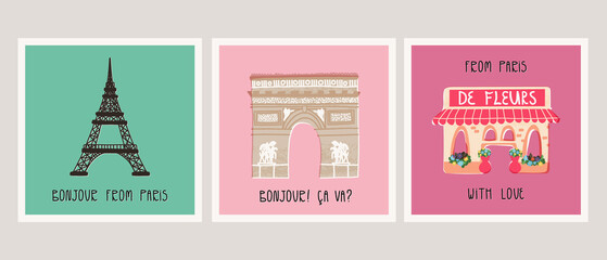 Bonjour from Paris retro style card collection. France landmarks Eiffel Tower, Triumphal Arc, Flower shop with canopy. © Art n Peaches