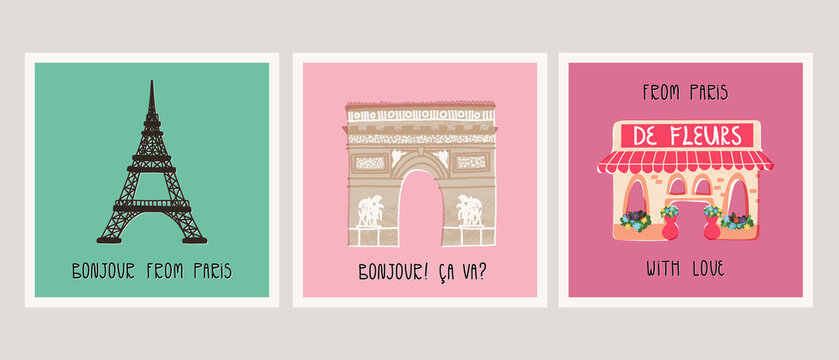 Bonjour from Paris retro style card collection. France landmarks Eiffel Tower, Triumphal Arc, Flower shop with canopy.