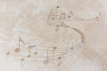 Grunge musical background. Old texture, music notes.