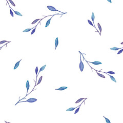 A seamless, endless pattern of delicate blue-purple small twigs with small leaves. The branches are chaotically arranged on a white background.