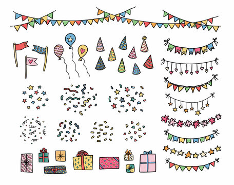 Birthday party decor elements. Colorful hand drawn doodle style flag garlands, balloons, present gift boxes, flags and birthday caps. Happy celebration, festive decoration vector illustration set.
