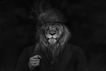 Man in the form of a Lion mammal Mafia style , The Lion person , animal face isolated black white ,...
