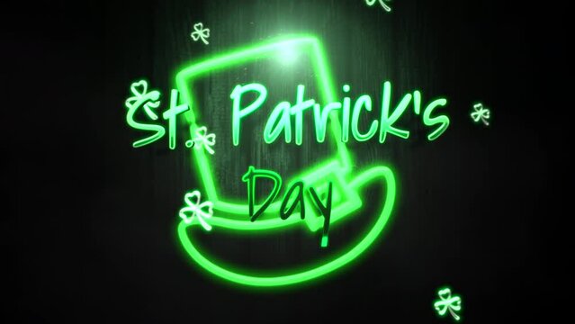 Patrick Day with big hat and shamrocks on wood, motion holidays and Irish national style background