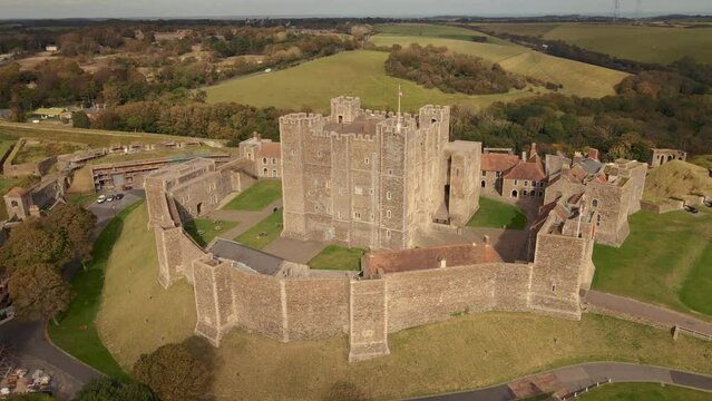 Aerial view of the Dover Castle. The most iconic of all English fortresses. English castle on top of the hill.