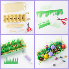 Easter decorated egg holder paper craft, DIY instructions, recycling concept
