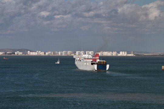 Cargo and passenger ferry goes to sea. Cadiz, Spain