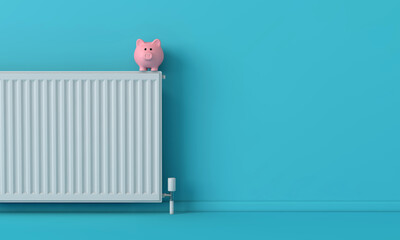 Piggy bank money saving box with a radiator. household heating cost concept. 3D Rendering - obrazy, fototapety, plakaty
