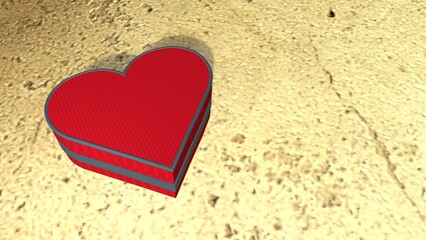 A red heart-shaped gift box on the concrete floor during sunset. The jewelry box is closed with a lid. 3D image.
