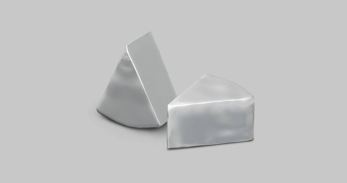 Cheese in a metallic wrapper. Triangular package. Illustration isolated. MockUp template ready for your design. High quality and realistic 3D illustration.