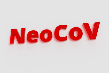 3D illustration with the inscription NeoCoV. Background with the name of the new virus strain.