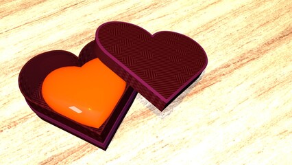 A red heart-shaped gift box with a yellow heart on the wooden floor. Jewelry box with lid on beige background. 3D image.
