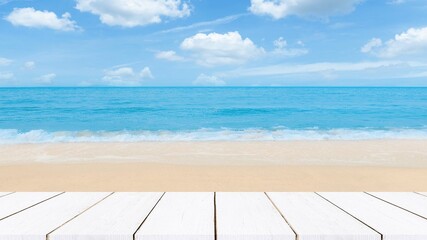 Empty wooden table top with sea and sky background. Wood table top and blurred summer beach and sky background.