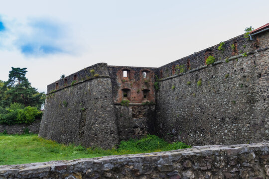 Medieval Gray Castle wall of ancient Uzhgorod castle with a green lawn in front. Uzhgorod castle, Zakarpattya region, Western Ukraine
