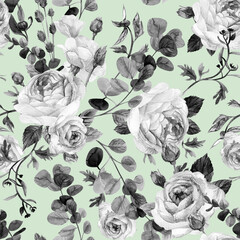 Seamless pattern with vintage black and white roses and eucalyptus painted in watercolor on a light green background for summer textiles and surface design
