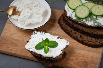 Healthy sandwich with white cottage cheese, cucumber and arugula