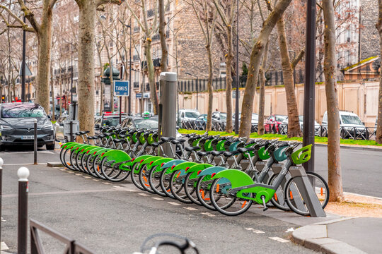 Row of parked Velib bikes, rentable bikes in Paris