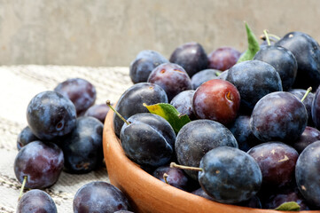 Ripe plums in a clay bowl lie on the table, close-up