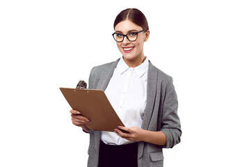 Young White caucasian woman business lady in a jacket holds a folder with documents in her hands a planchette on a white isolated background and smiles