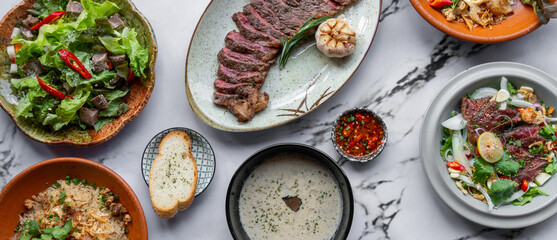 Grilled & Roasted Beef Steaks, Celery soup and Salads