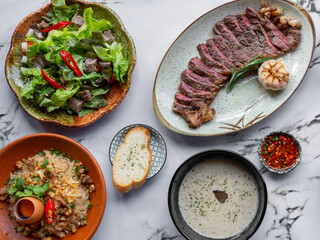 Grilled & Roasted Beef Steaks, Celery soup and Salads