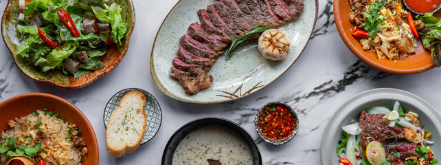 Grilled & Roasted Beef Steaks, Celery soup and Salads