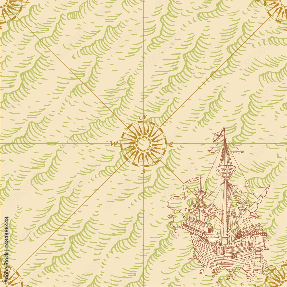 Poster vector image of seamless texture of vintage nautical map in the style of medieval engravings