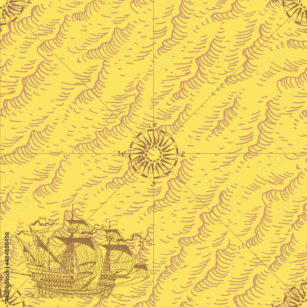 Poster vector image of seamless texture of vintage nautical map in the style of medieval engravings