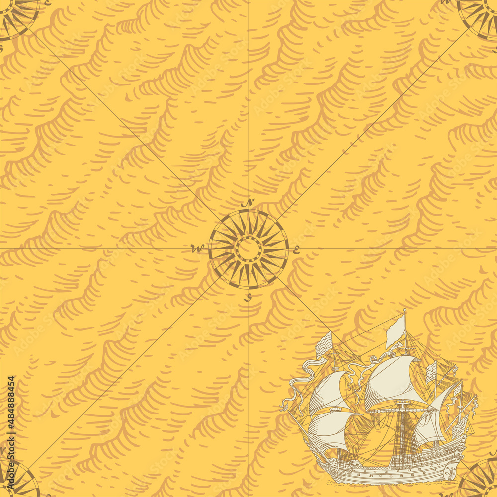 Poster vector image of seamless texture of vintage nautical map in the style of medieval engravings