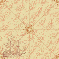Fototapeta na wymiar vector image of seamless texture of vintage nautical map in the style of medieval engravings 