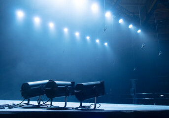 stage lighting in the theater and at the concert. Lighting equipment on an empty stage.