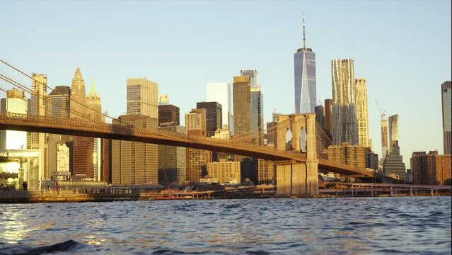 The Hudson river with the Brooklin bridge on the back. 4k video.