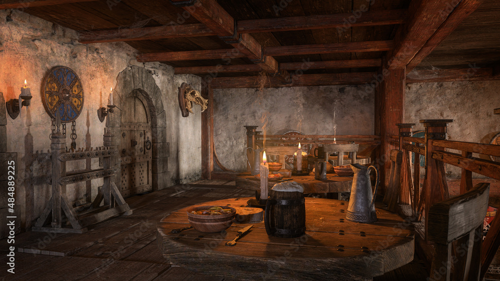 Poster Upstairs dining room in a medieval inn with food and drink on the tables and shields decorating the walls. 3D rendering.