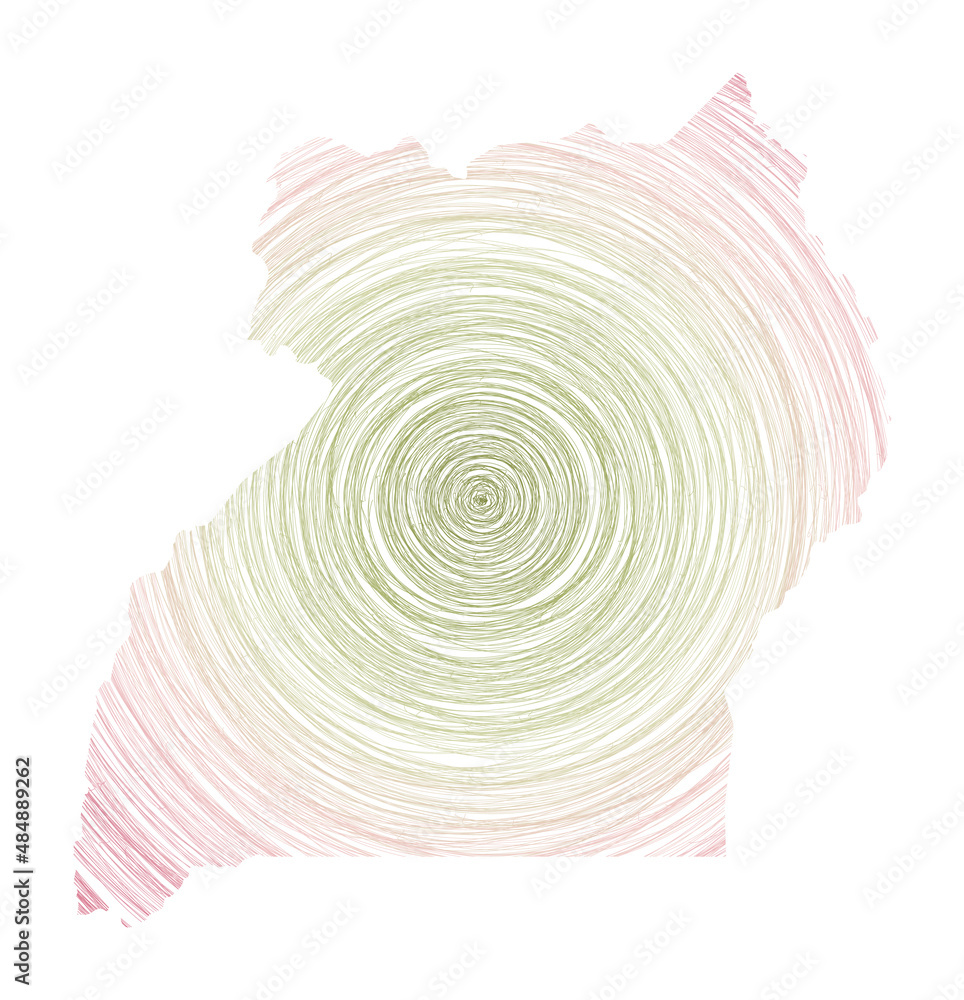 Poster uganda map filled with concentric circles. sketch style circles in shape of the country. vector illu