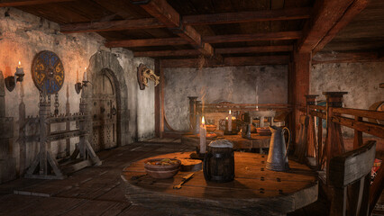 Upstairs dining room in a medieval inn with food and drink on the tables and shields decorating the walls. 3D rendering.