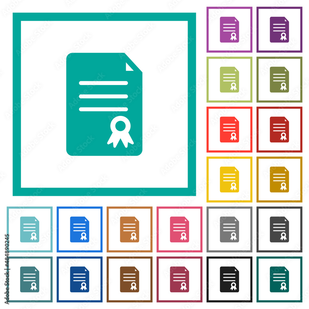 Poster certificate document solid flat color icons with quadrant frames