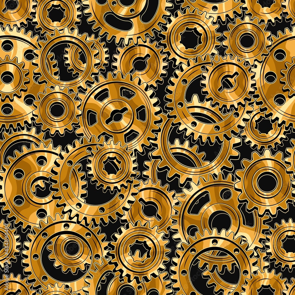 Poster seamless mechanical pattern with polished gold machine gears on a black background. dense compositio