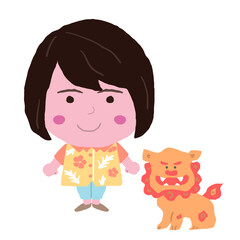 沖縄のかりゆしウェアを着た女性とシーサー　イラスト素材