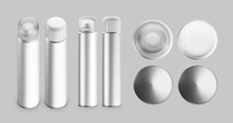 White and silver metallic bottle with spray cap for cosmetics, perfumes, deodorants, air fresheners or hairspray. Transparent and opaque plastic lid. 3D Illustration.