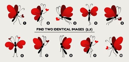 Red cartoon butterflies with thin legs playing with small little hearts.The educational matching game for preschool kids. Task is to compare items and find two identical insects. Vector illustration
