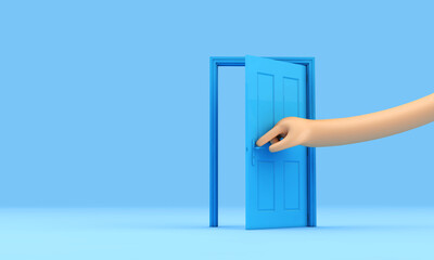 Large hand opening a blue door. Business opportunity concept. 3D Rendering