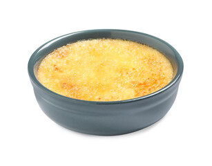 Delicious creme brulee in ceramic ramekin isolated on white