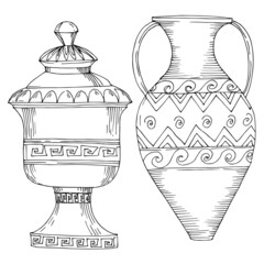 Vector Antique greek amphoras. Black and white engraved ink art. Isolated ancient illustration element.