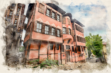 History Museum in the old town of Plovdiv, Bulgaria in watercolor illustration style
