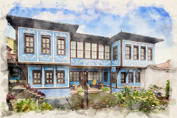 Hindliyan house in the old town of Plovdiv, Bulgaria in watercolor illustration style