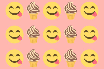 savouring delicious food faces and soft ice cream,emoji pattern on pink background,vector illustration