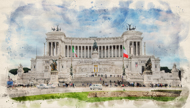 National Monument the Vittoriano or Altare della Patria, Altar of the Fatherland, in Venezia square in Rome, Italy in watercolor illustration style