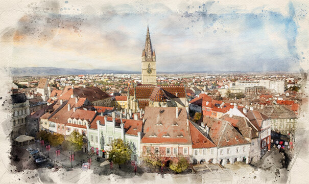 Sibiu, Romania from the Council Tower with the Small Square in watercolor illustration style