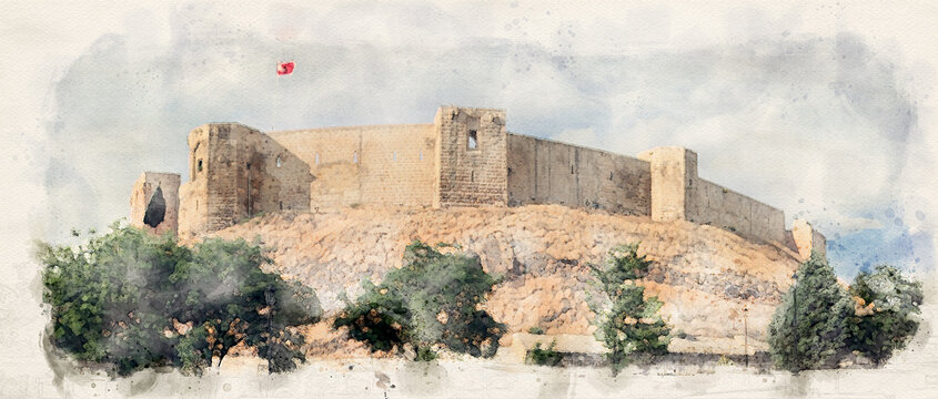 Gaziantep castle or Kalesi in Gaziantep, Turkey in watercolor illustration style